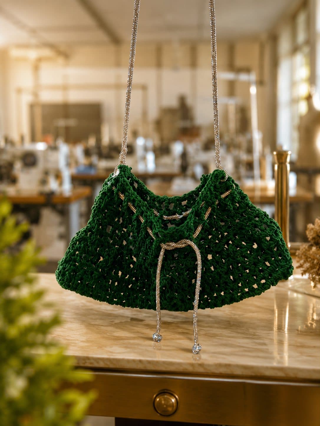 A hand-beaded green bag displayed on a workbench
