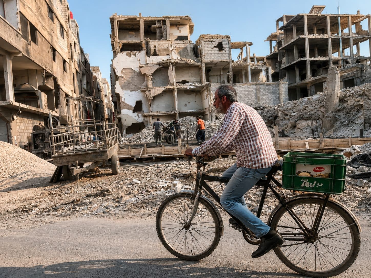 A man cycling with a crate of goods along a street lined with damaged buildings