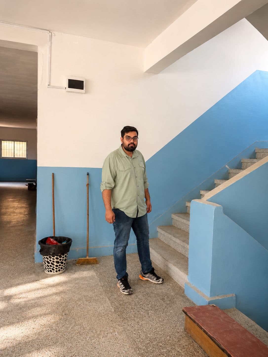 A man standing in the stairwell of a newly finished building