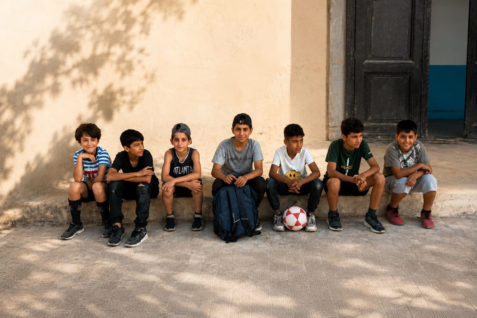 Seven children sitting side by side on a step against a sunlit wall